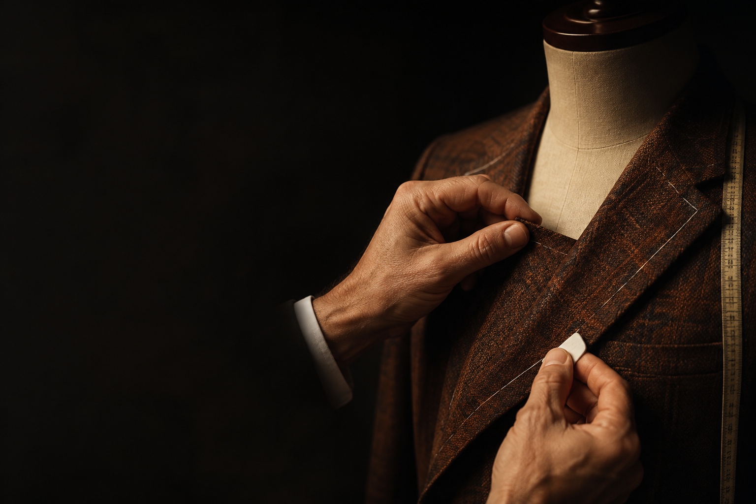 Tailor shaping the lapel of a rust wool suit